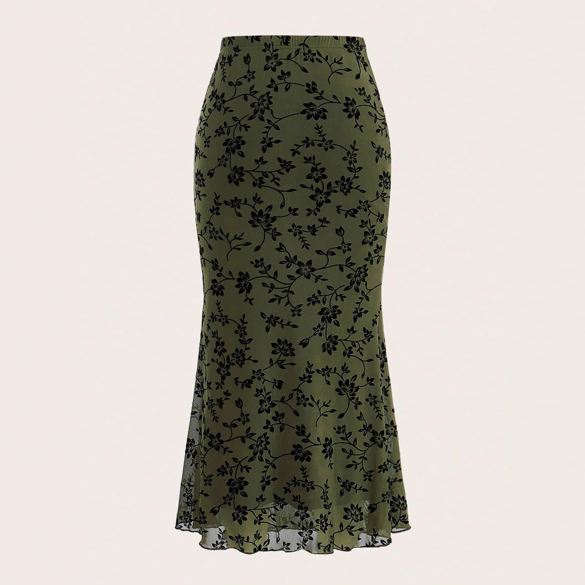 Elegant Dark Green Long Skirts Women 2025 Autumn Casual Floral Half-body Fishtail Slim Maxi Skirt