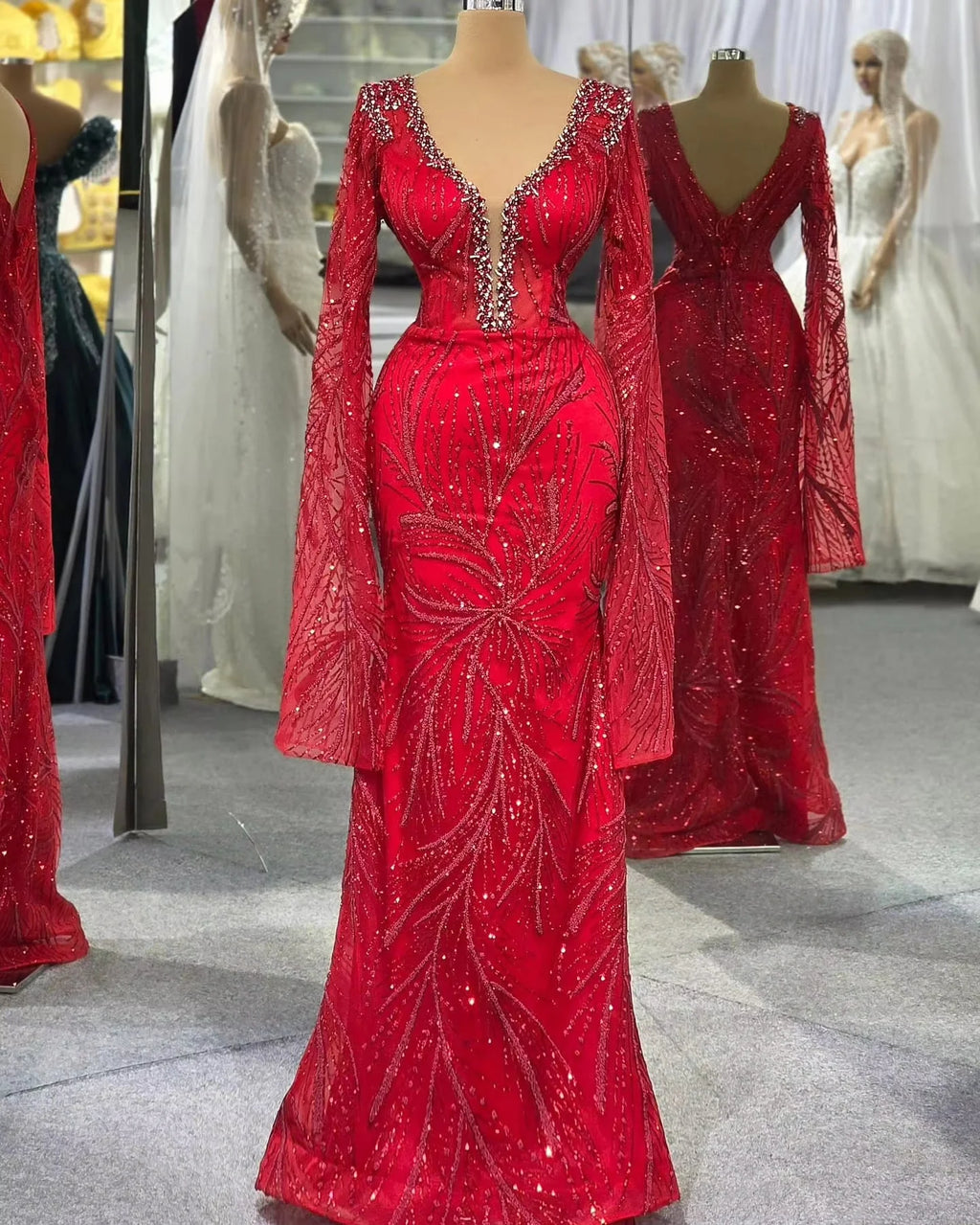 Red Middle Eastern Evening Dresses Long Sleeves Beaded Saudi Arabia