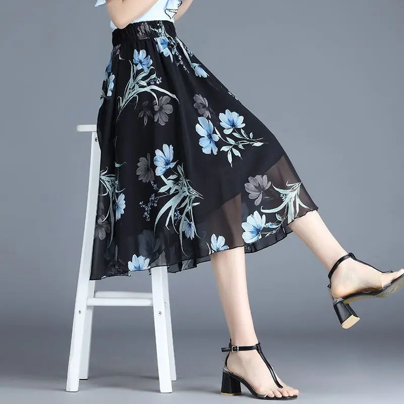 Female Skirts Floral To Knees Length Women'S Skirt Chiffon Vintage Cheap