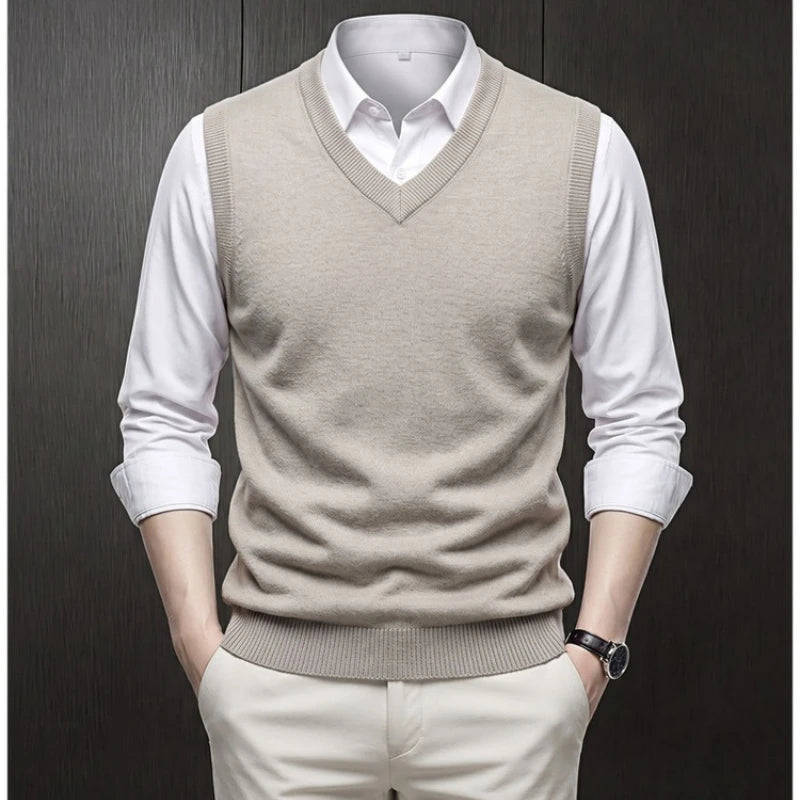 Casual Sweater Vest Knitwear for Men V-Neck Solid Sleeveless Pullover Smart Casual Knitted Waistcoat Streetwear Outerwear Tops