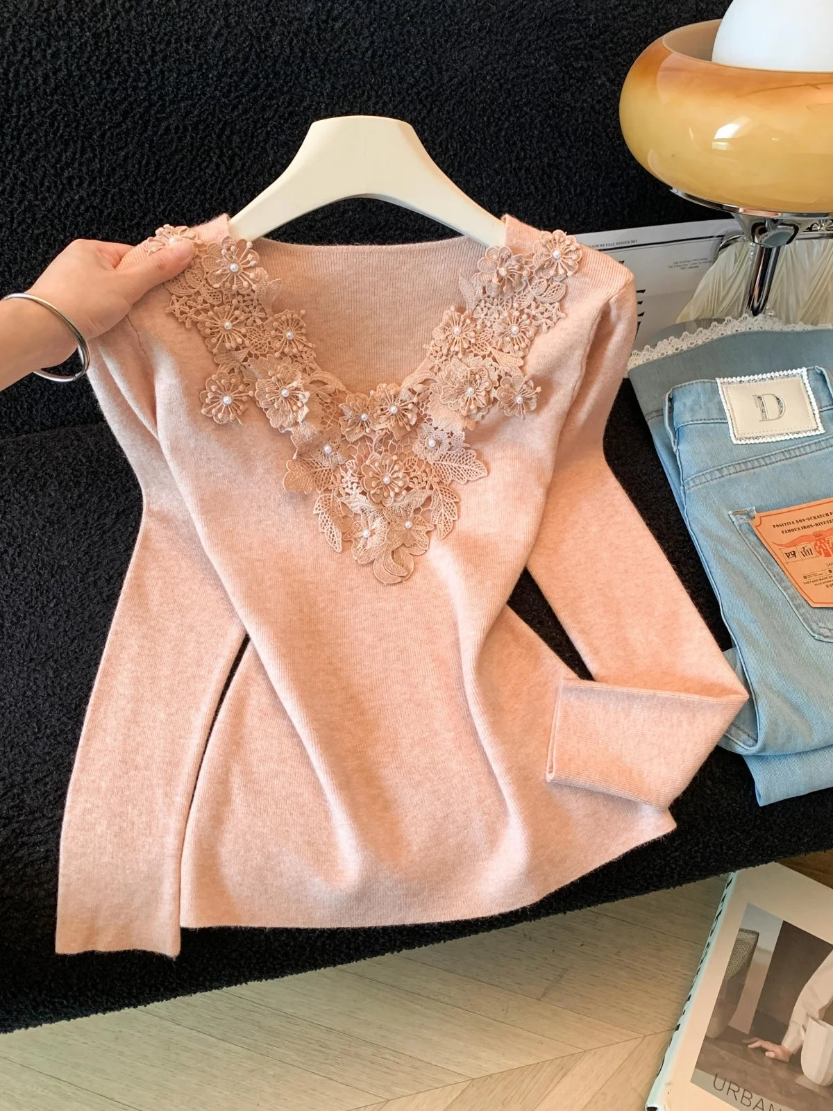 Heavy Embroidery Lace Beaded Knitwear V-Neck Long Sleeve Women's Fashion Slim Fit Base Shirt Autumn Season Polyester Fiber