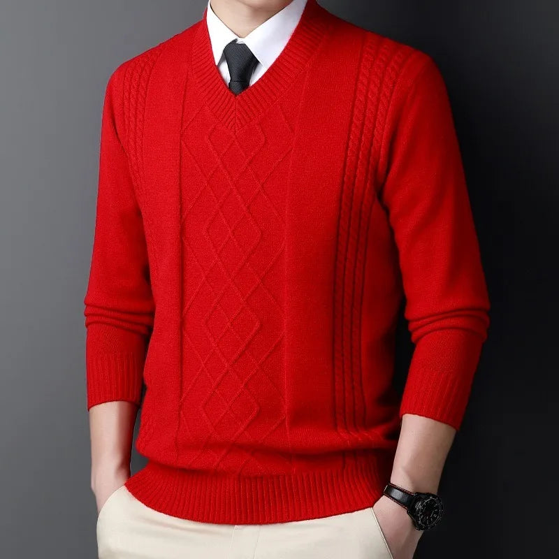 High End Men's Knitwear Sweaters Quality Pullovers Casual Retro Warm Winter V-neck Bottom Wear Sweater for Business Man Clothing