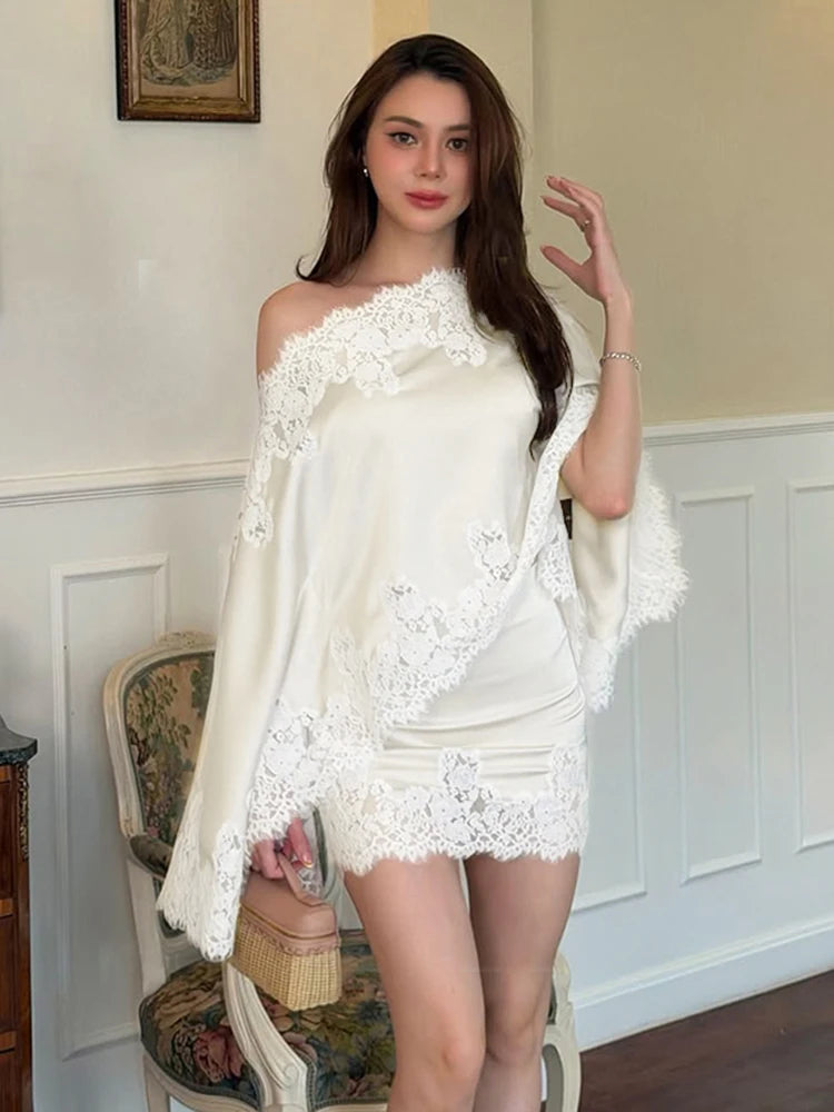 Elegant Lace Patchwork Women's Shirt Skirts Suit Long Sleeve  Off Shoulder Loose Lady Set 2026 Summer Autumn Chic Female Outfits