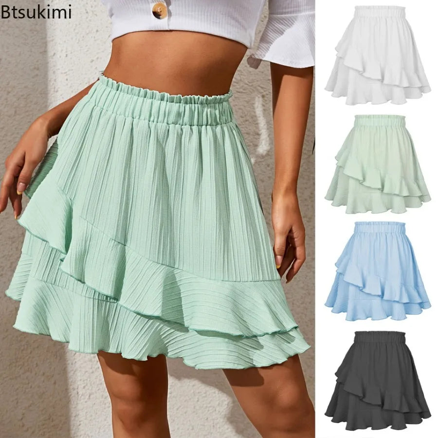 Women Skirts Women Ruffle Skirt High Waist Irregular Solid Color Short