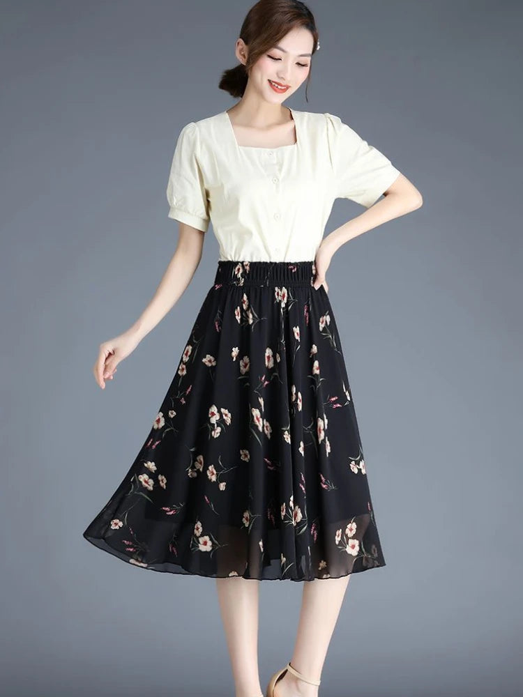 Female Skirts Floral To Knees Length Women'S Skirt Chiffon Vintage Cheap