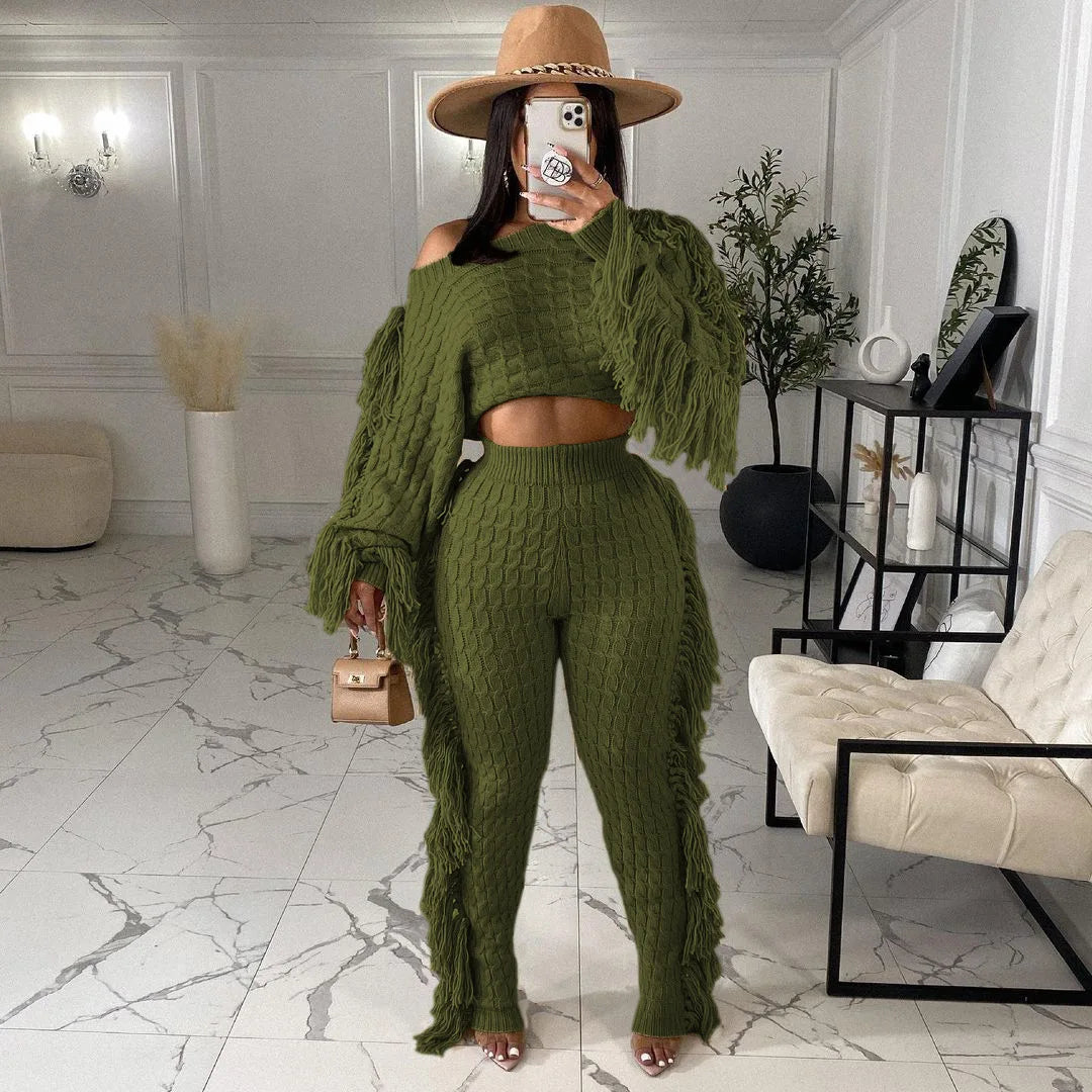 Women Sweater Knitted Pants Suit Knitting 2 Piece Set Pullover Top Trousers Ensemble Tassels Knitwear Outfits 2025 Autumn Winter