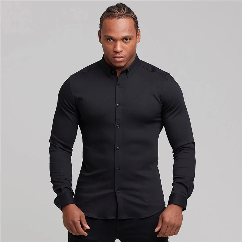 New Autumn Fashion Men Solid Color Fitness Turn-down Collar Button Super Slim Fit Muscleguys Business Dress Shirt