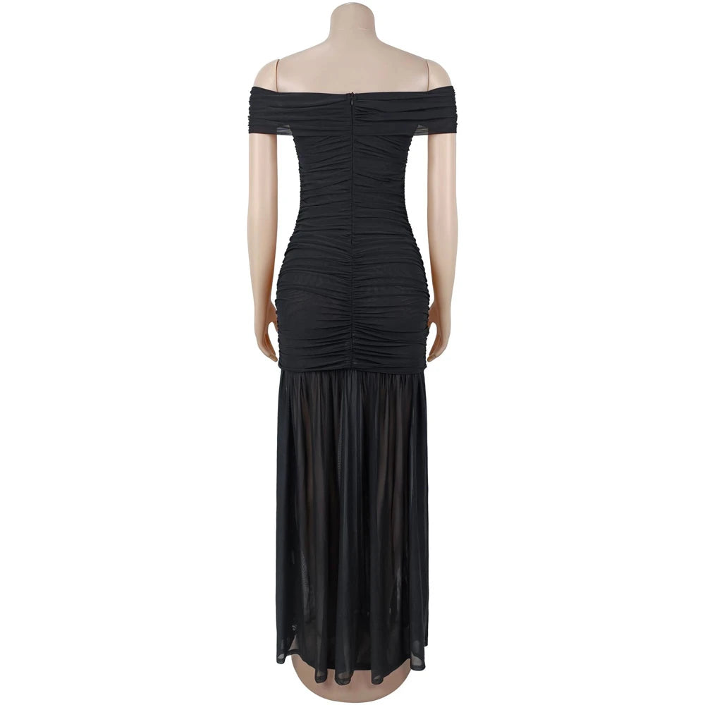 Dresses For Woman Off Shoulder Ruched Cinched Waist Evening Party Mesh