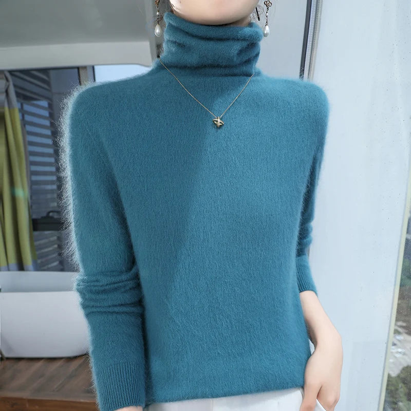 100% Pure Mink Cashmere Knitted Pullovers Women High-Neck Loose Large-size Sweater Casual Warm Tops Autumn and Winter Base Shirt
