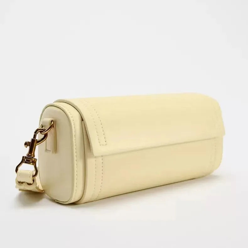 Autumn new women's bag, vanilla yellow flip cover versatile commuting cylindrical bag, cylindrical shoulder crossbody bag