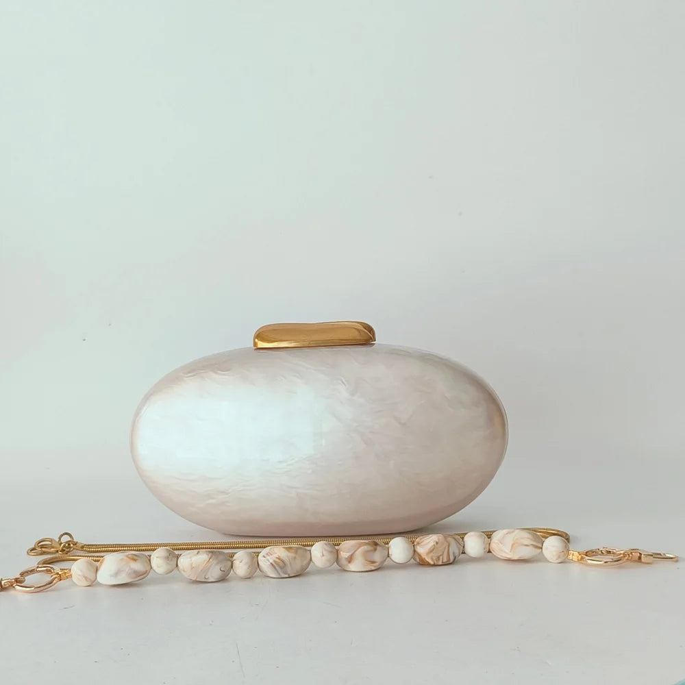 Lady Pearl Marble Brown Shell Egg Acrylic Box Clutch Purse Women Evening Purses Wedding Handbags Female Shoulder Bags Day Clutch