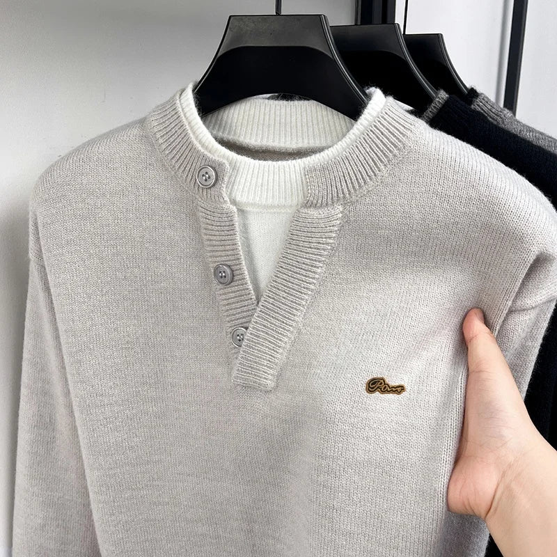 Fashion Men‘s Long-Sleeved Sweater Knitwear Button False Two-Piece Color Blocking Pullover Classic Leisure Hot-Selling for Men