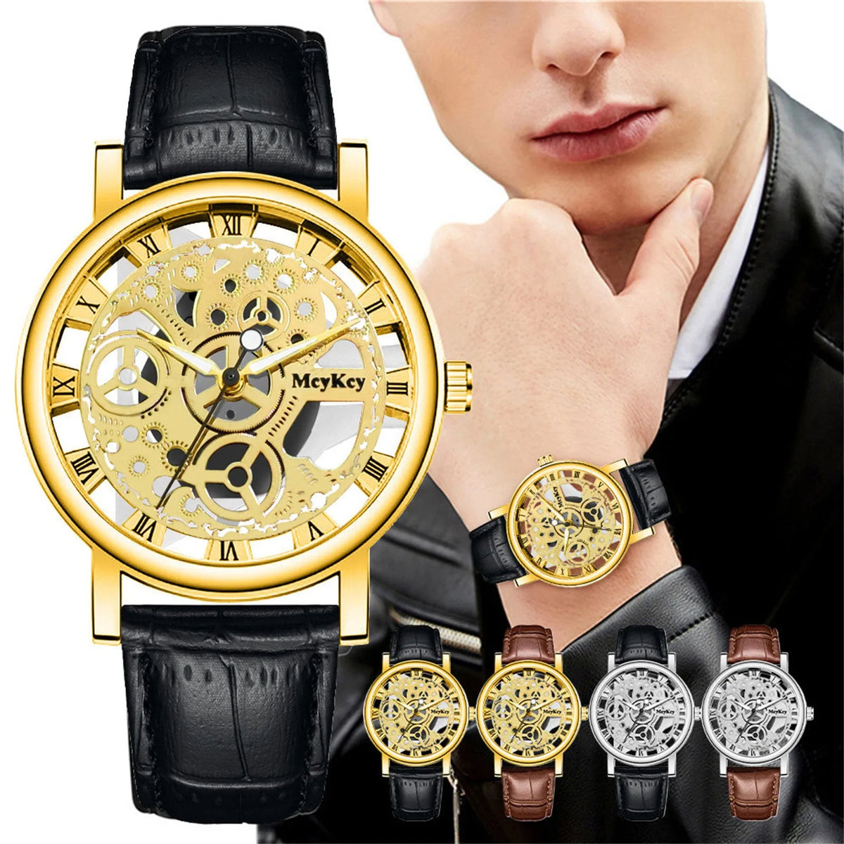 Men's Wristwatch Luxury Gents Quartz Watch Men Bottom Hollow Imitation Mechanical Watch Men Belt Watch Free Shiping reloj hombre