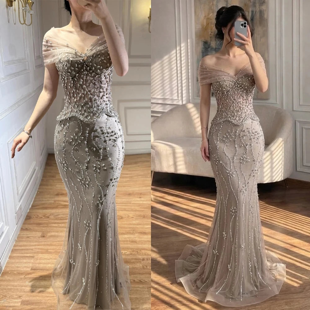 Evening Dresses Off Shoulder Appliques Lace Beads Sequins Lace-Up Back