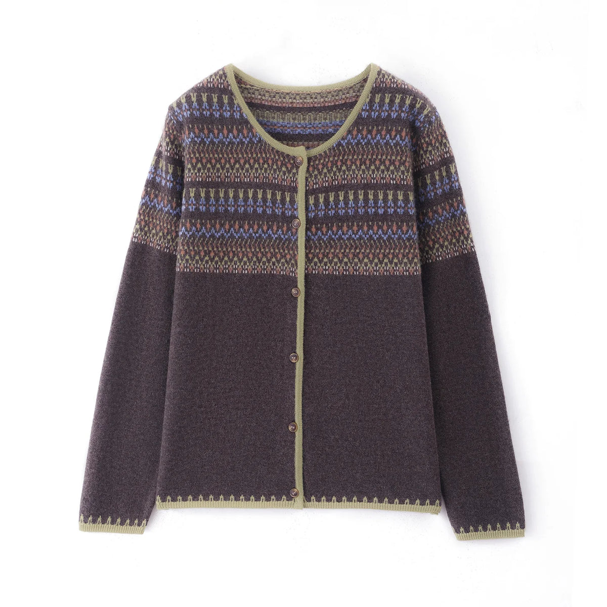 Round Neck Vintage Jacquard mercerized 100% Wool Sweater  Cardigan Women's Loose Long-sleeved Knitted Coat Women's sweater
