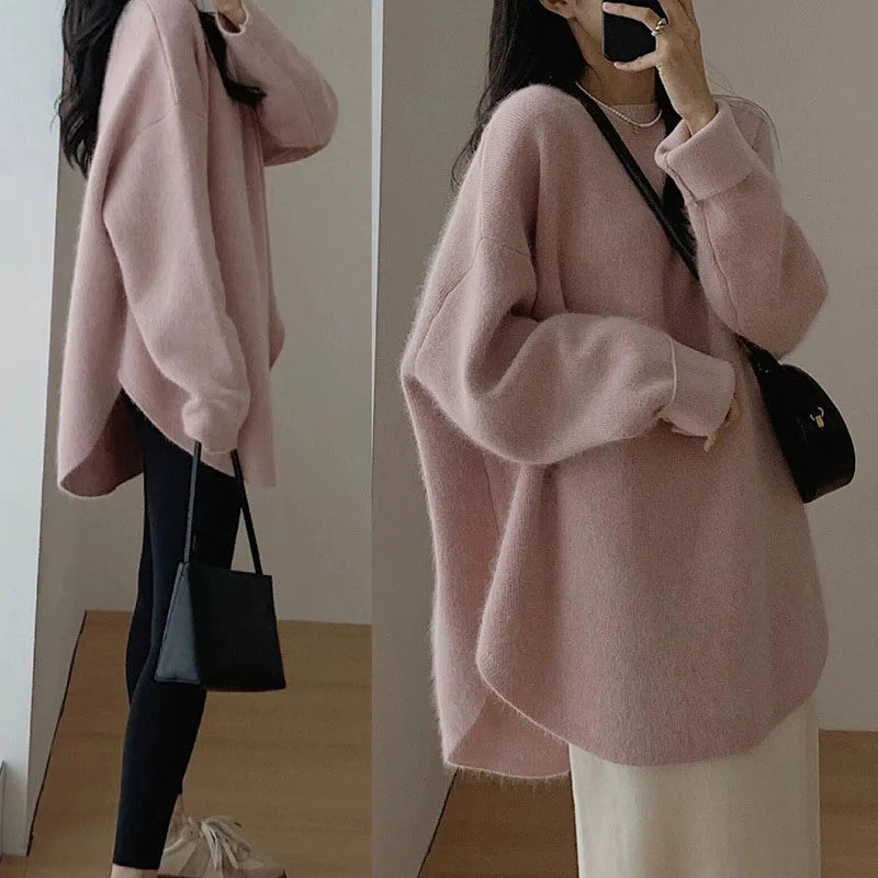 Knitwear Tops for Women 2026 Autumn Winter Thicken Loose Irregular Hem Knitted Sweater Female Round Collar Long Sleeve Pullover