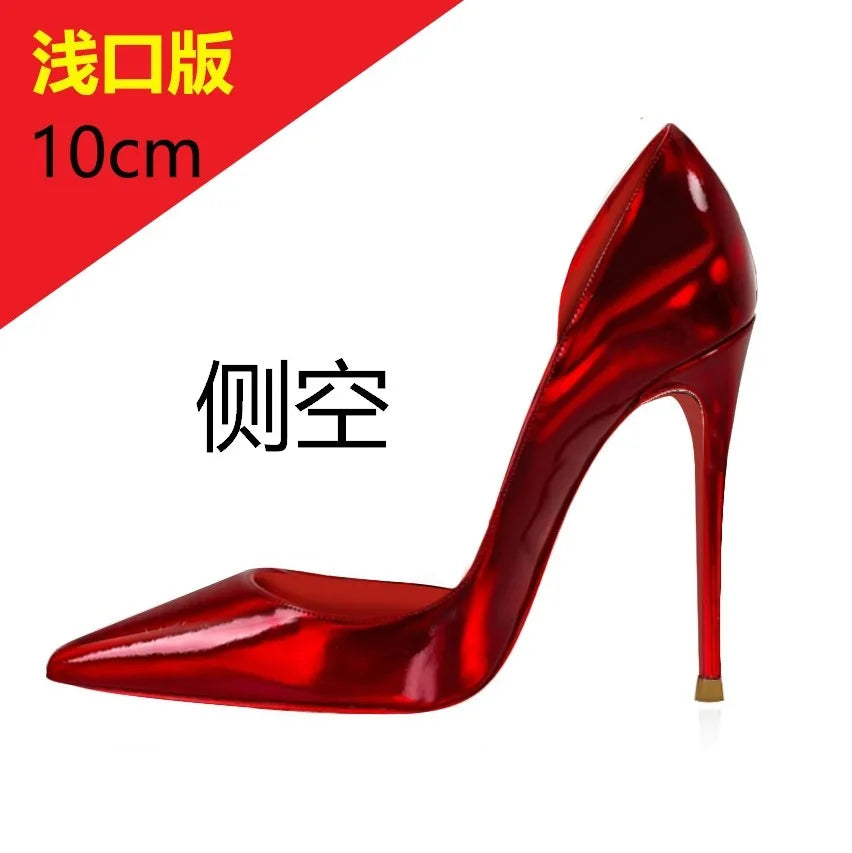 Patent leather 12cm black high heels, ultra-shallow opening, thin heel, sexy pointed toe, large size, single shoes, women's