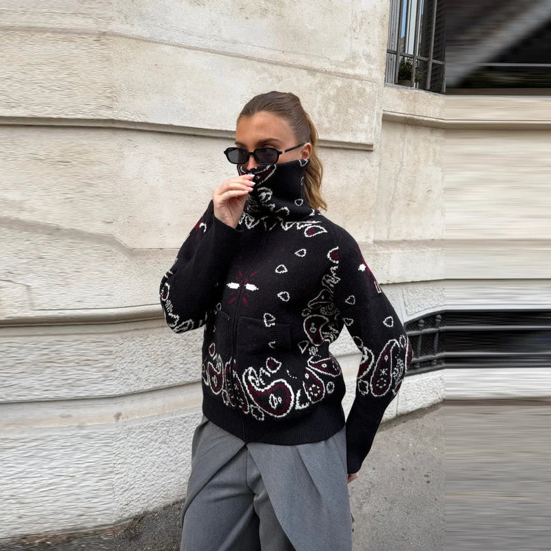 Casual Printed Knitted Women's Cardigan Long Sleeve Zippers Stand Collar Pocket Lady Sweater 2026 Autumn Chic Female Streetwear