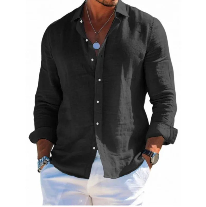 Men's Linen Button Down Shirt Casual Long Sleeve Lapel Solid Loose Shirt Tops New 2026 Spring Summer Men Beach Vacation Shirts