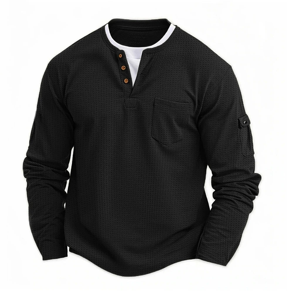 Men's New Button Henley Neck Shirt Long Sleeve Casual Button Solid Color T-Shirt Fashion Waffle Cotton Fake Two-Piece T-Shirt