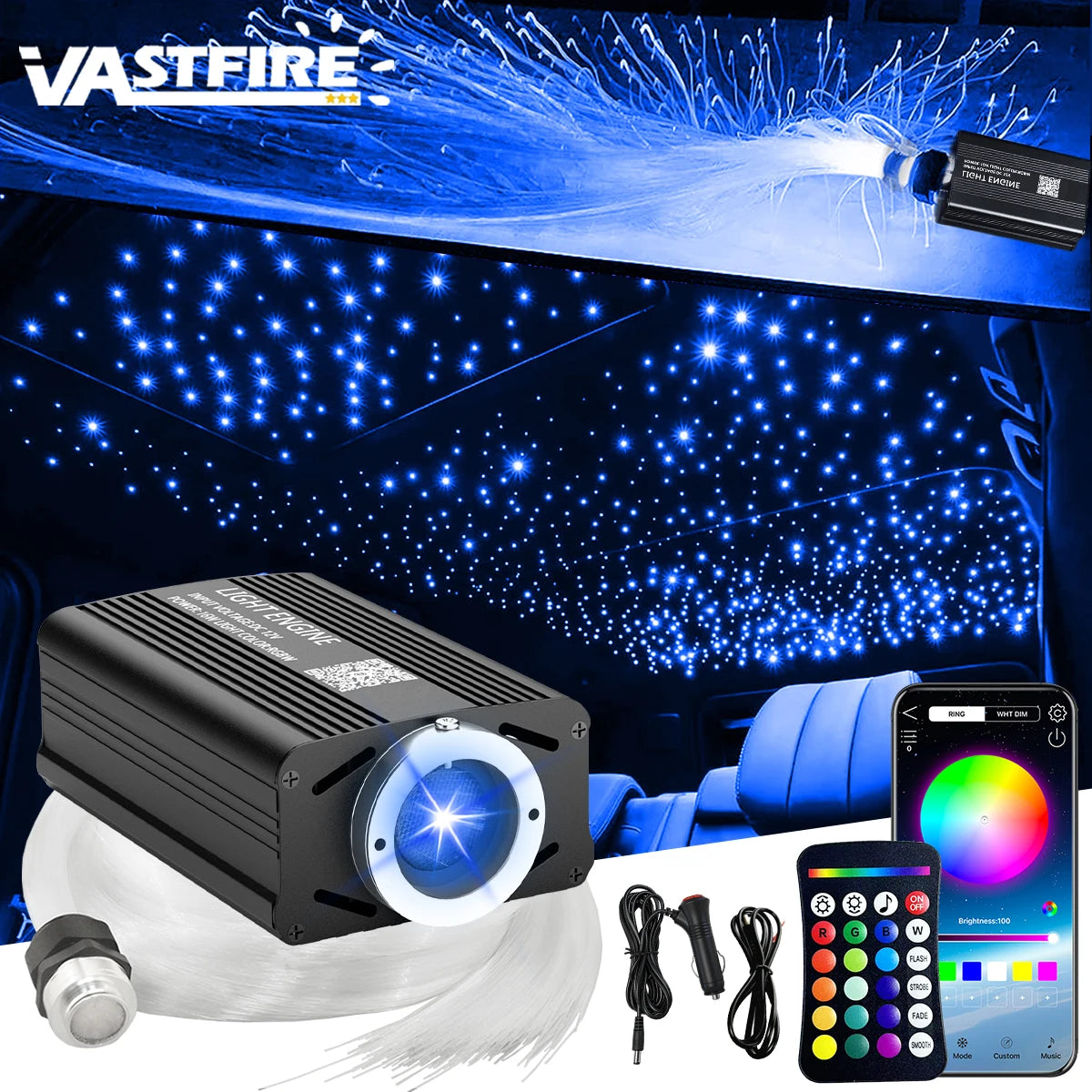VASTFIRE Mini 16W 500/1000pcs Fiber Optic Starlight Headliner Kit for Car Home 6.5ft End Glow Fiber Strands Sound-Activated APP& Remote Control Starlight Engine