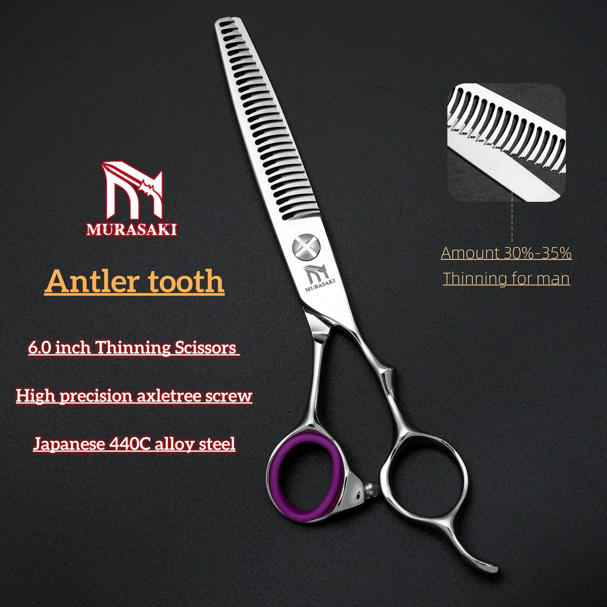 MURASAKI Professional Barber Scissors，6.0 Inch Japanese 440C Steel Hairdressing Scissors，Salon High-Quality Hair Cutting Tools