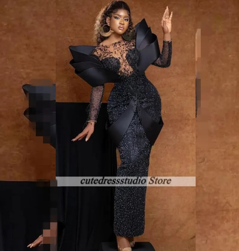 Nigerian Women Black Evening Dresses Beading Mermiad Wedding Party Gowns