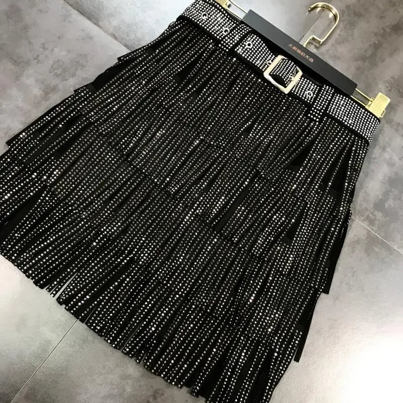 Women Skirt Autumn High Waist Belt Multi Layer Short Heavy Drilling