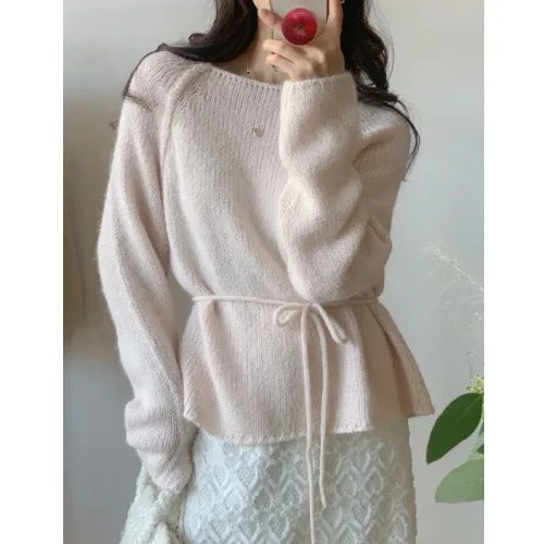 Slimming Knitted Sweater Women's Fashion Sweet Style Belted Waist One-Shoulder Winter New Soft Versatile Top Casual Streetwear