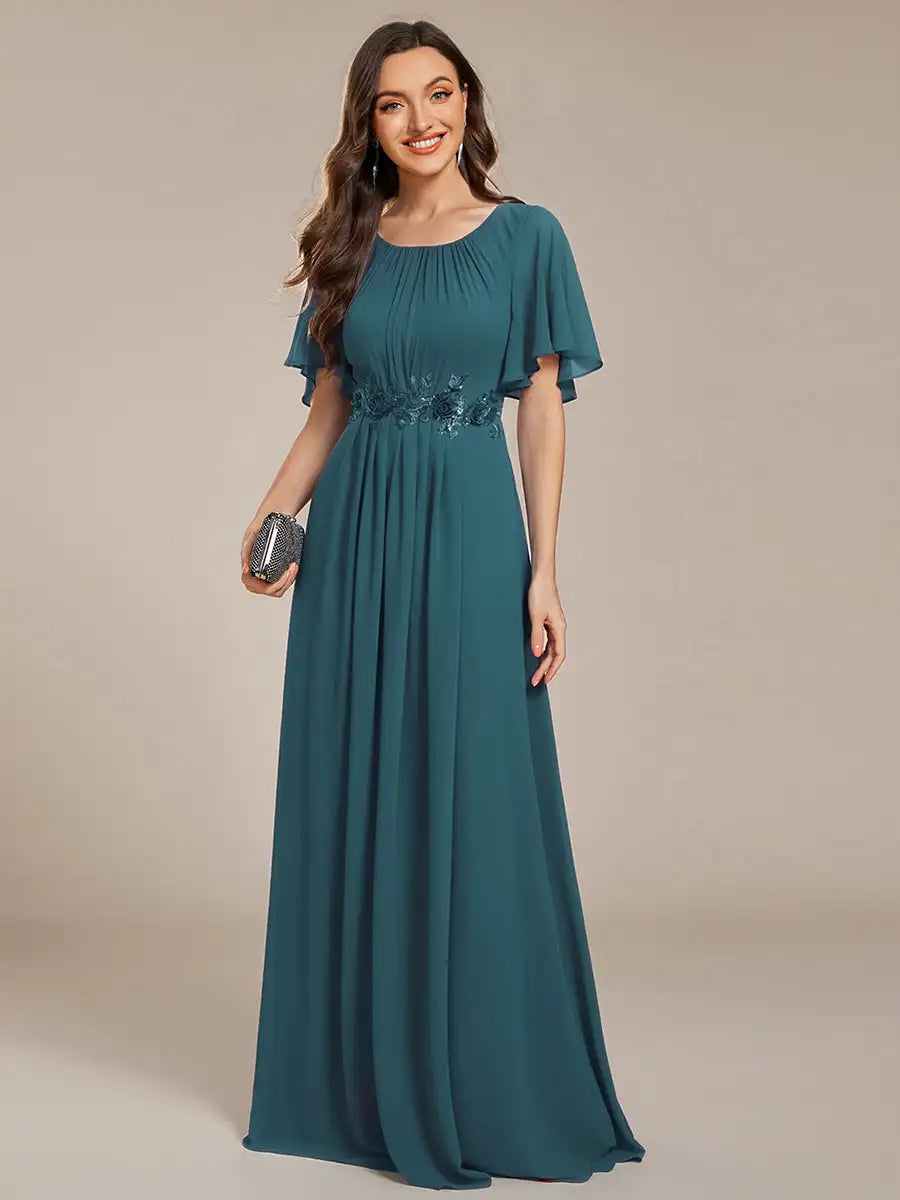 Evening Dresses Short Sleeves Pleated Applique Floor-Length Ever Pretty