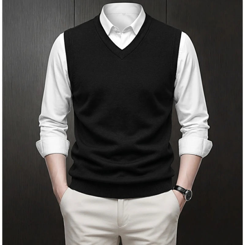 Casual Sweater Vest Knitwear for Men V-Neck Solid Sleeveless Pullover Smart Casual Knitted Waistcoat Streetwear Outerwear Tops