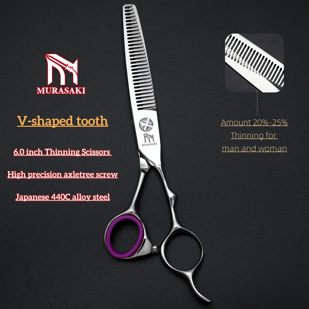 MURASAKI Professional Barber Scissors，6.0 Inch Japanese 440C Steel Hairdressing Scissors，Salon High-Quality Hair Cutting Tools