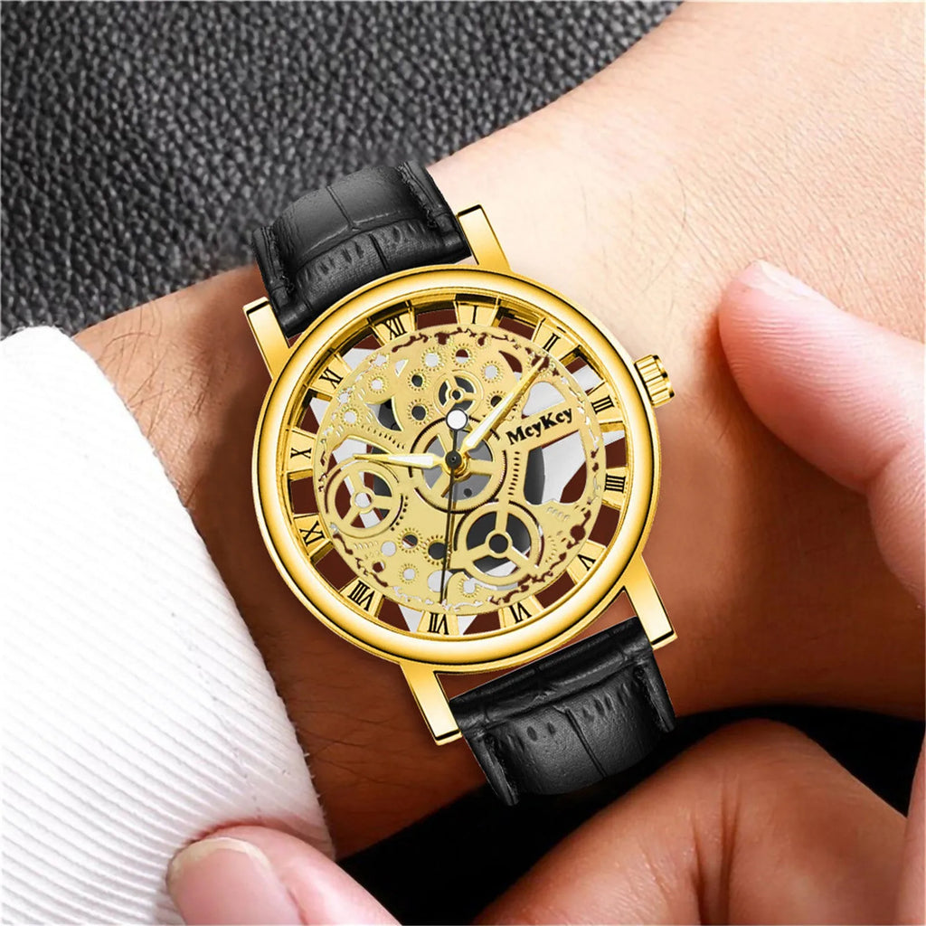 Men's Wristwatch Luxury Gents Quartz Watch Men Bottom Hollow Imitation Mechanical Watch Men Belt Watch Free Shiping reloj hombre