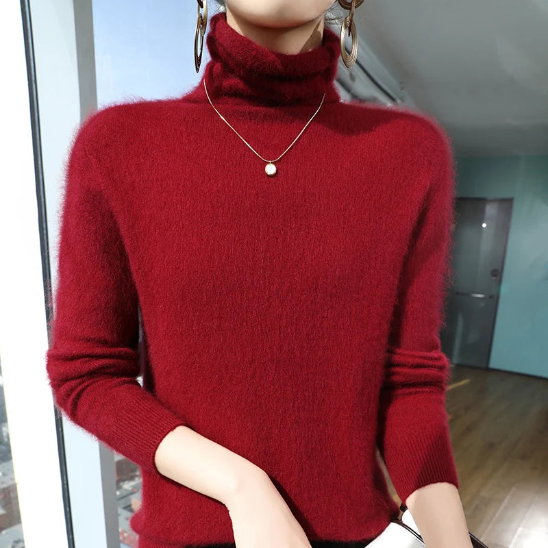 100% Pure Mink Cashmere Knitted Pullovers Women High-Neck Loose Large-size Sweater Casual Warm Tops Autumn and Winter Base Shirt