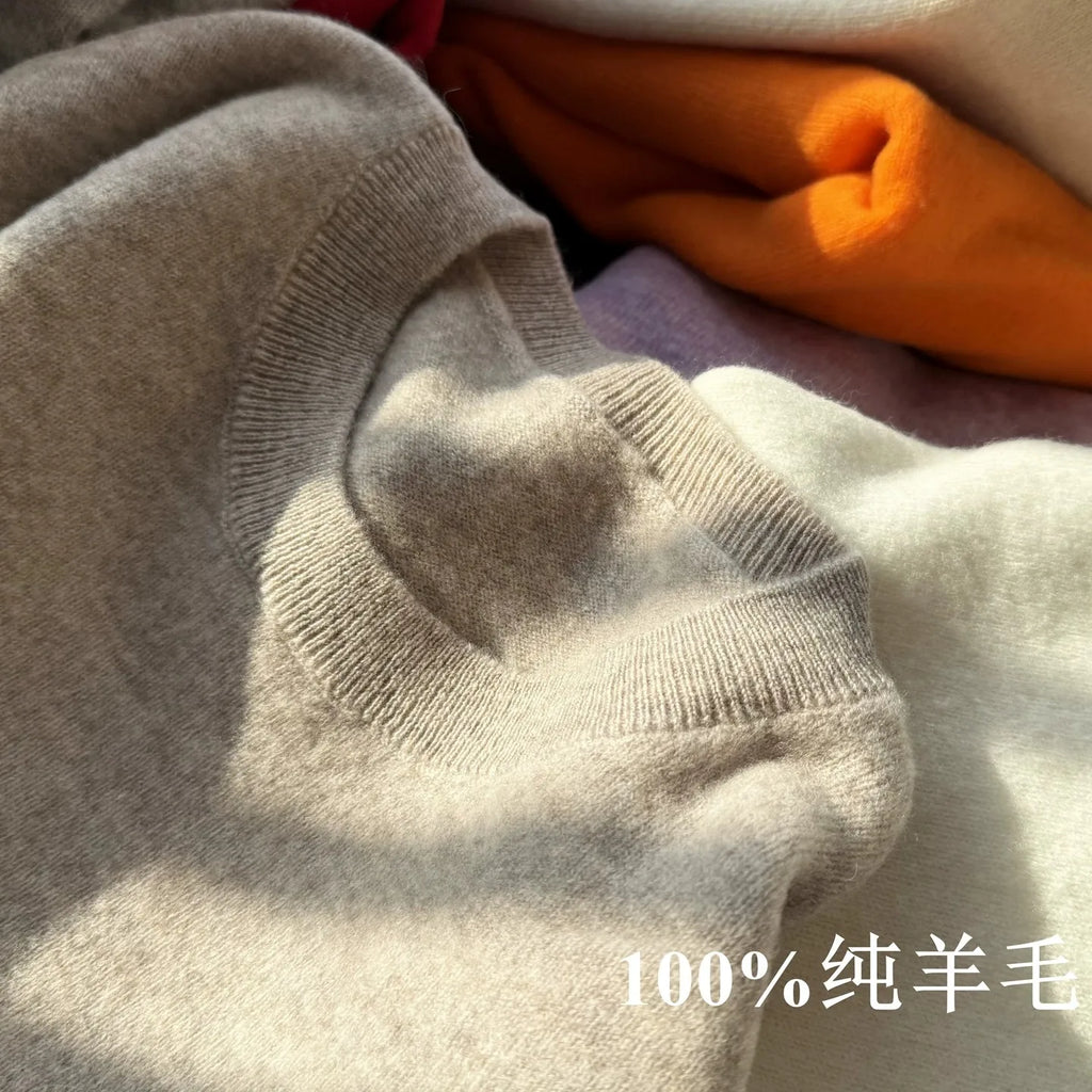 100% pure wool undershirt women's autumn and winter round-neck sweater loose high-end knitted pullover top women
