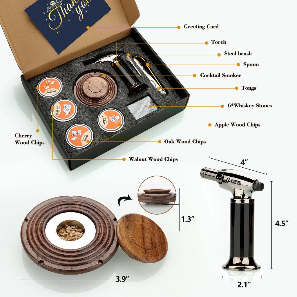 Cocktail Smoker Kit With Torch 4 Wood Chips Whiskey Stones Spoon Ice