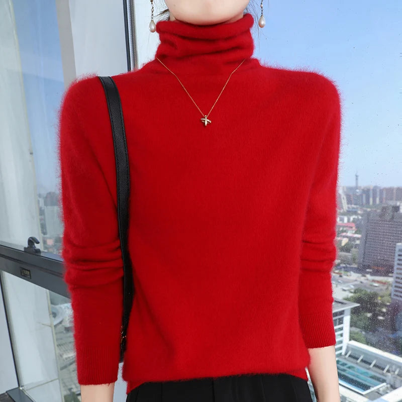 100% Pure Mink Cashmere Knitted Pullovers Women High-Neck Loose Large-size Sweater Casual Warm Tops Autumn and Winter Base Shirt