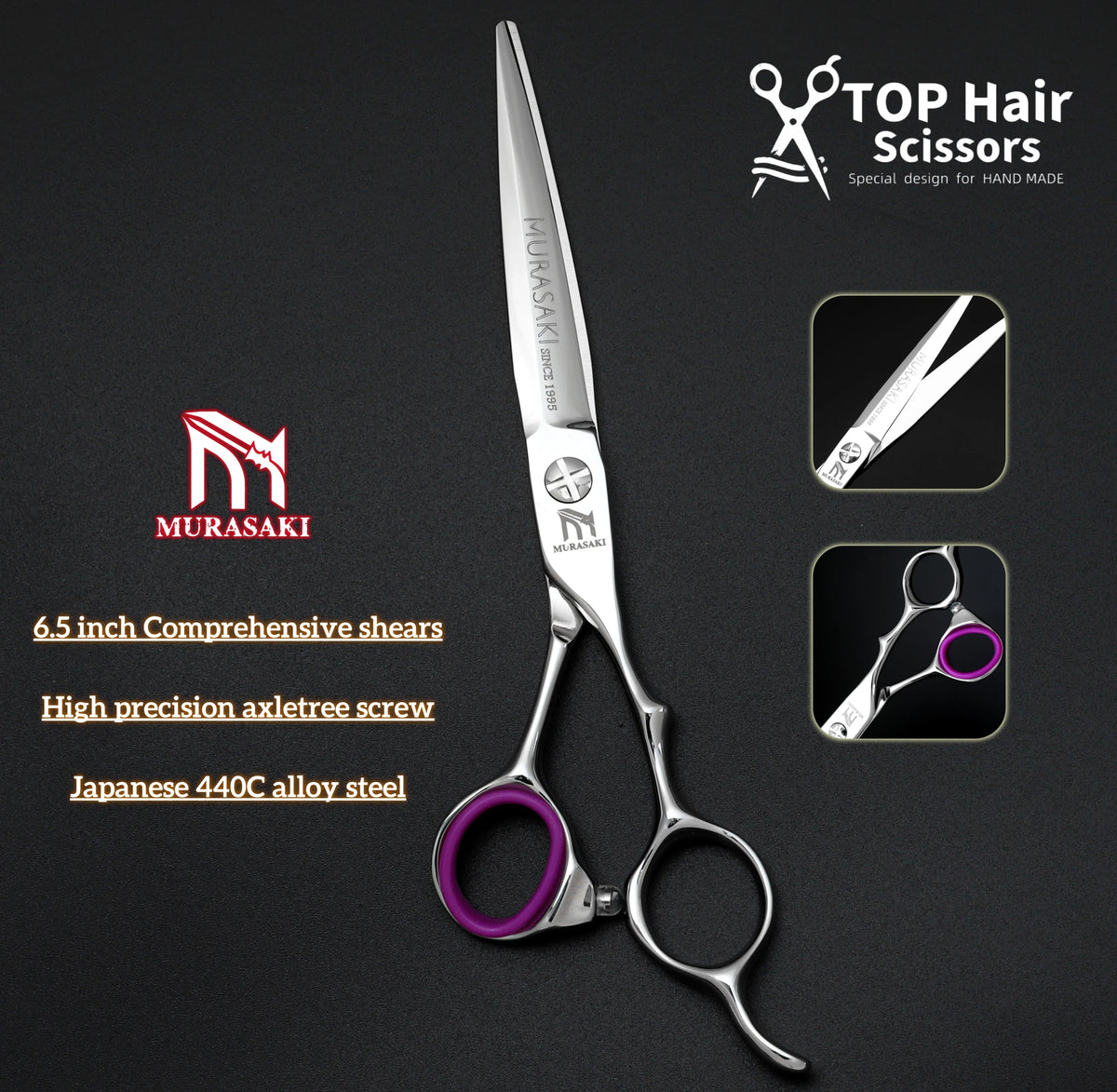 MURASAKI Professional Barber Scissors，6.0 Inch Japanese 440C Steel Hairdressing Scissors，Salon High-Quality Hair Cutting Tools