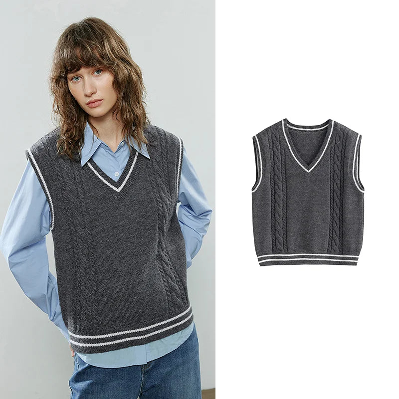 TOYOUTH Women Knitwear 2025 Winter New V-Neck Color-Block Weave Retro Cable Knit Vest Tops