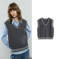 TOYOUTH Women Knitwear 2025 Winter New V-Neck Color-Block Weave Retro Cable Knit Vest Tops