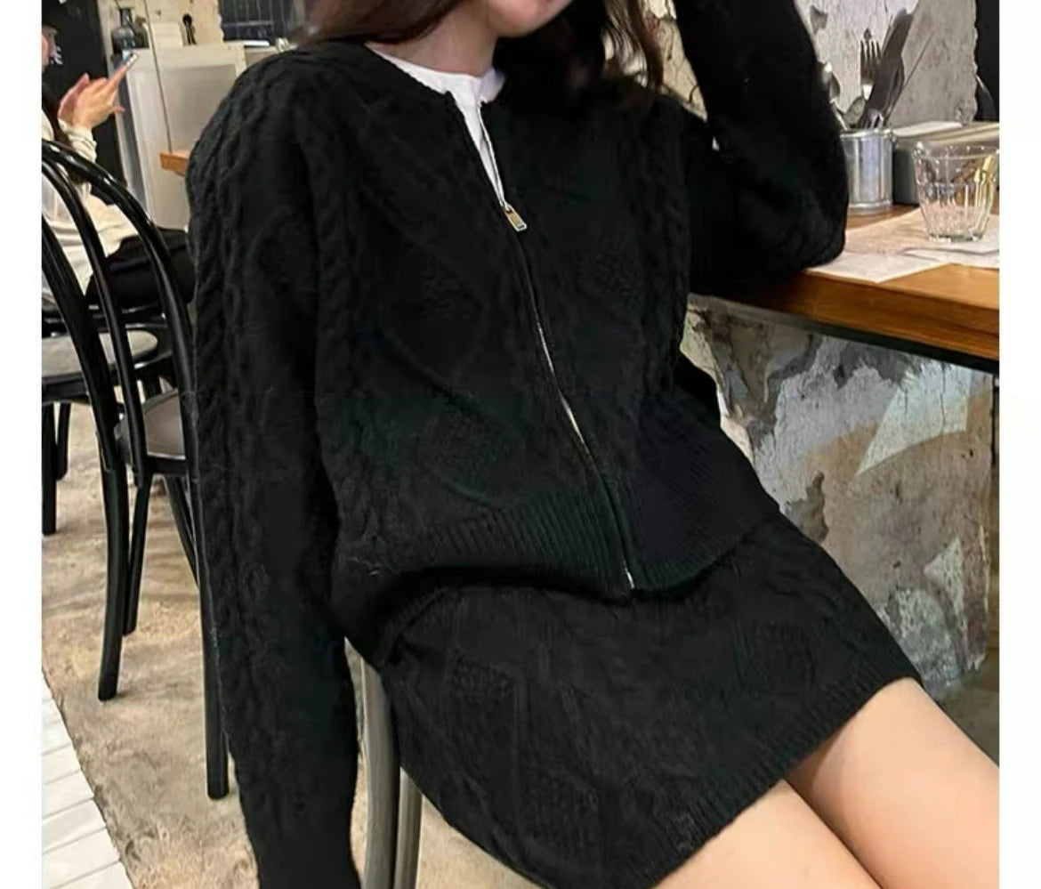 Autumn and Winter Wear Fashion Texture Knitted Sweater Cardigan Skirt Set Women's Two-piece Set