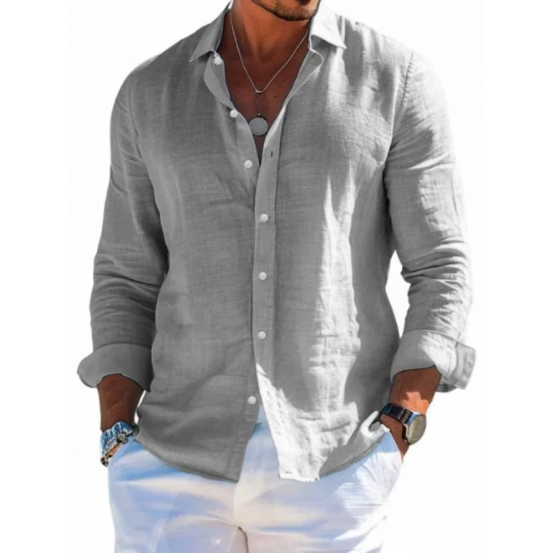 Men's Linen Button Down Shirt Casual Long Sleeve Lapel Solid Loose Shirt Tops New 2026 Spring Summer Men Beach Vacation Shirts