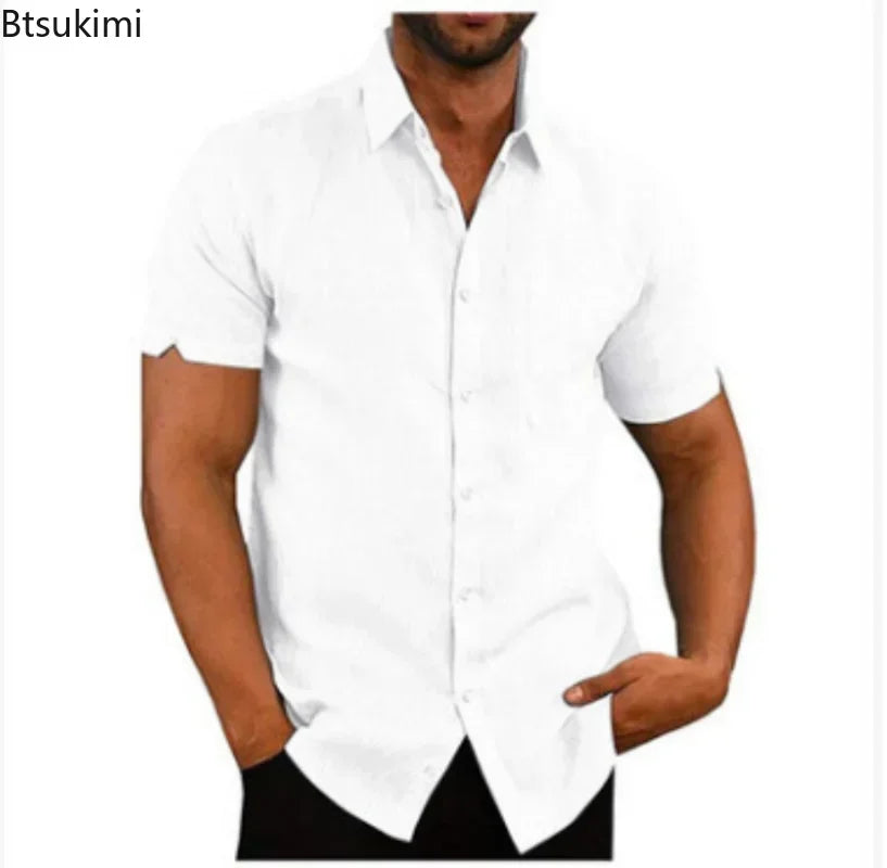 2026 Men's Summer Casual Short Sleeved Shirt Solid Button Up Shirts Male Streetwear Trun-Down Collar Slim Fit T-Shirts for Men