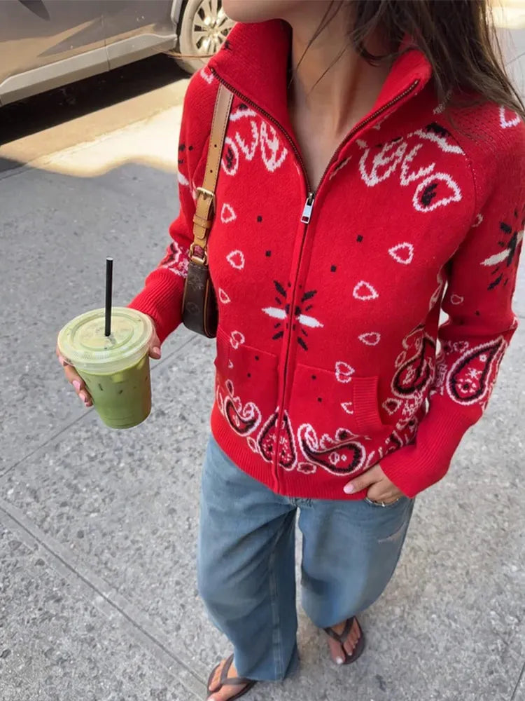 Casual Printed Knitted Women's Cardigan Long Sleeve Zippers Stand Collar Pocket Lady Sweater 2026 Autumn Chic Female Streetwear