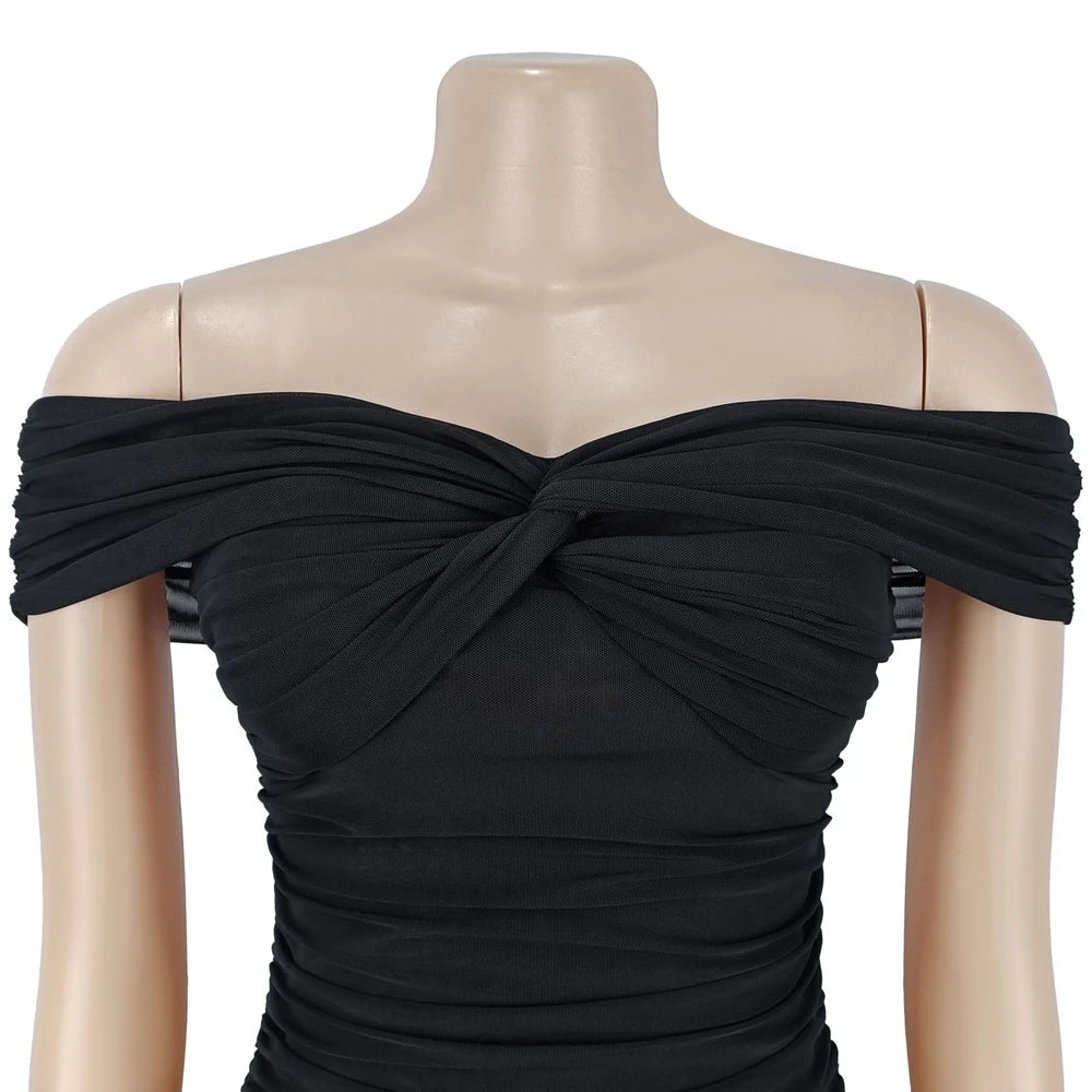 Dresses For Woman Off Shoulder Ruched Cinched Waist Evening Party Mesh