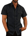 Men's Short Sleeve Linen Blend Button Down Shirt with Double Chest Pockets and Classic Collar for Casual Summer Wear
