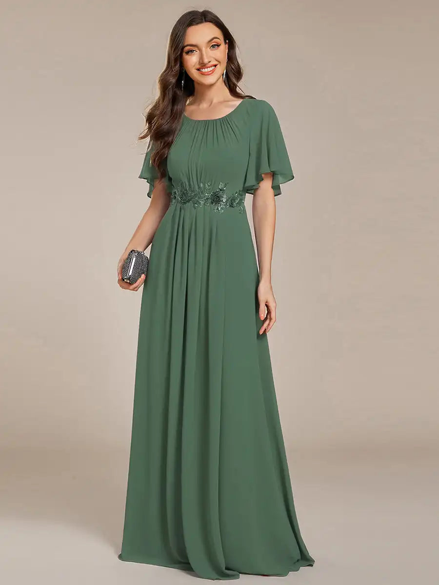 Evening Dresses Short Sleeves Pleated Applique Floor-Length Ever Pretty