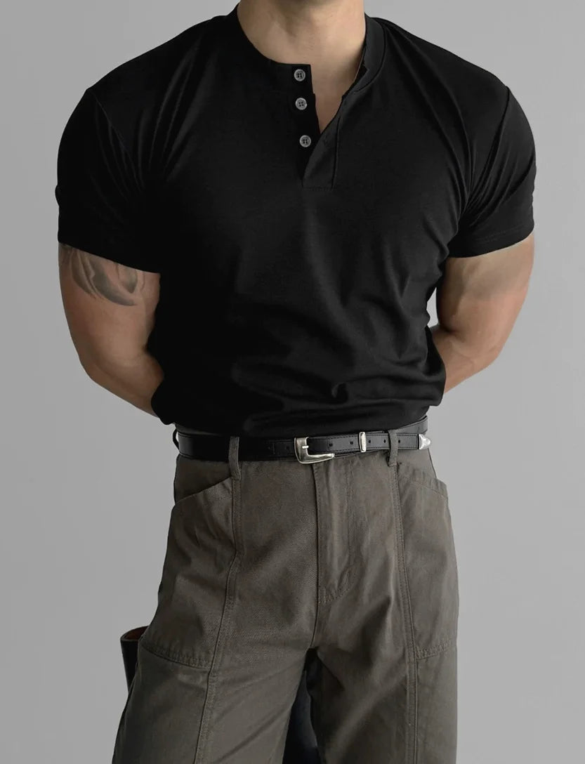American Style Hard Man Pure Cotton Henry Shirt Muscle Men Half Open V-Neck Short Sleeve Three Button T-Shirt  Shirt