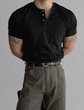 American Style Hard Man Pure Cotton Henry Shirt Muscle Men Half Open V-Neck Short Sleeve Three Button T-Shirt  Shirt