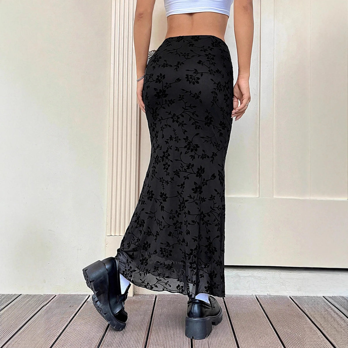 Elegant Dark Green Long Skirts Women 2025 Autumn Casual Floral Half-body Fishtail Slim Maxi Skirt